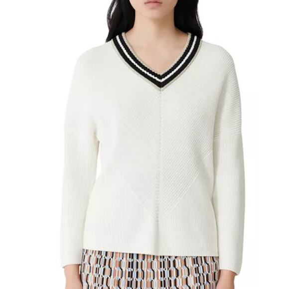 Maje Meteo Ribbed V Neck Sweater Tennis Preppy Cotton Off White Sz 3 Large - Picture 1 of 13